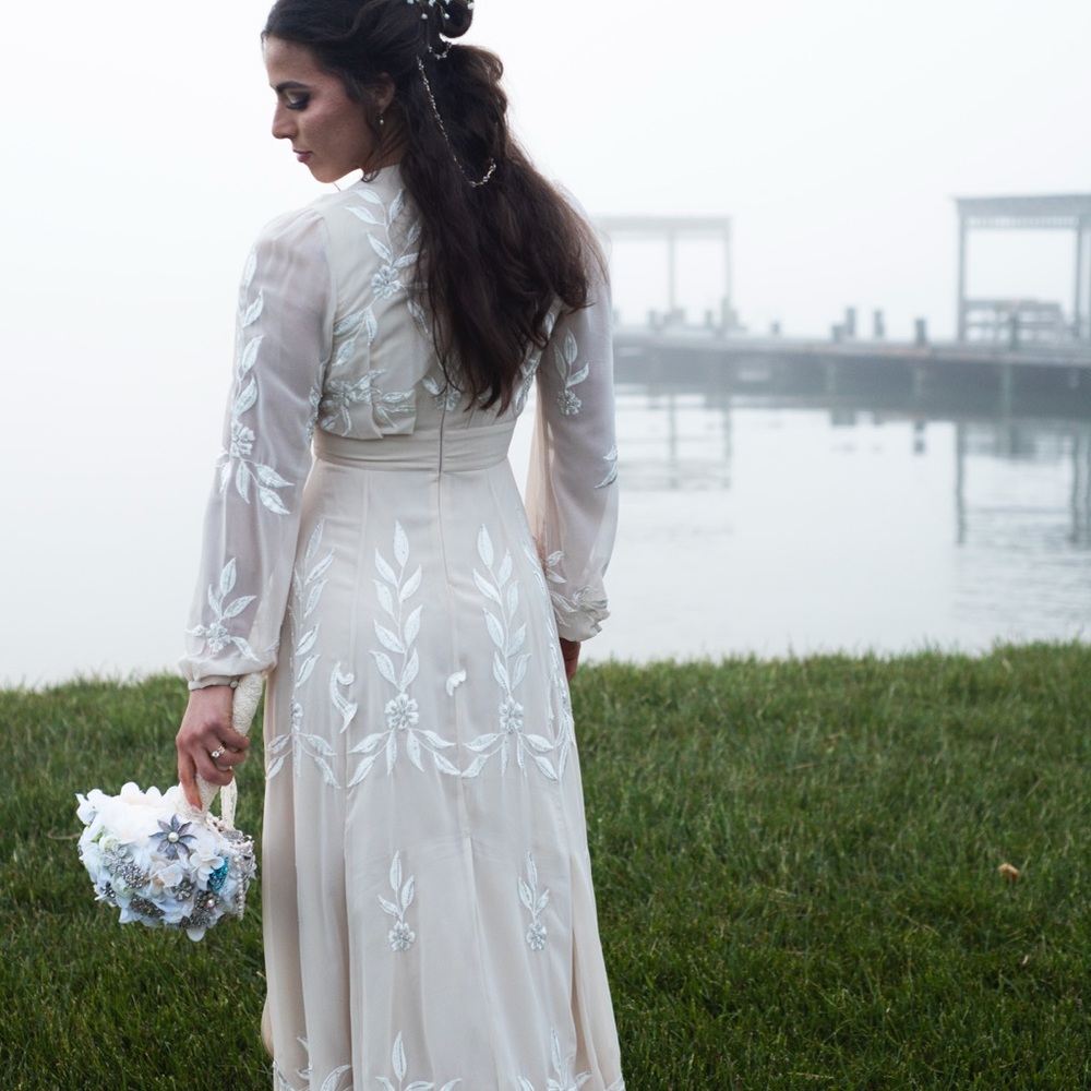 BHLDN Cream Long Sleeve Embroidered Dress